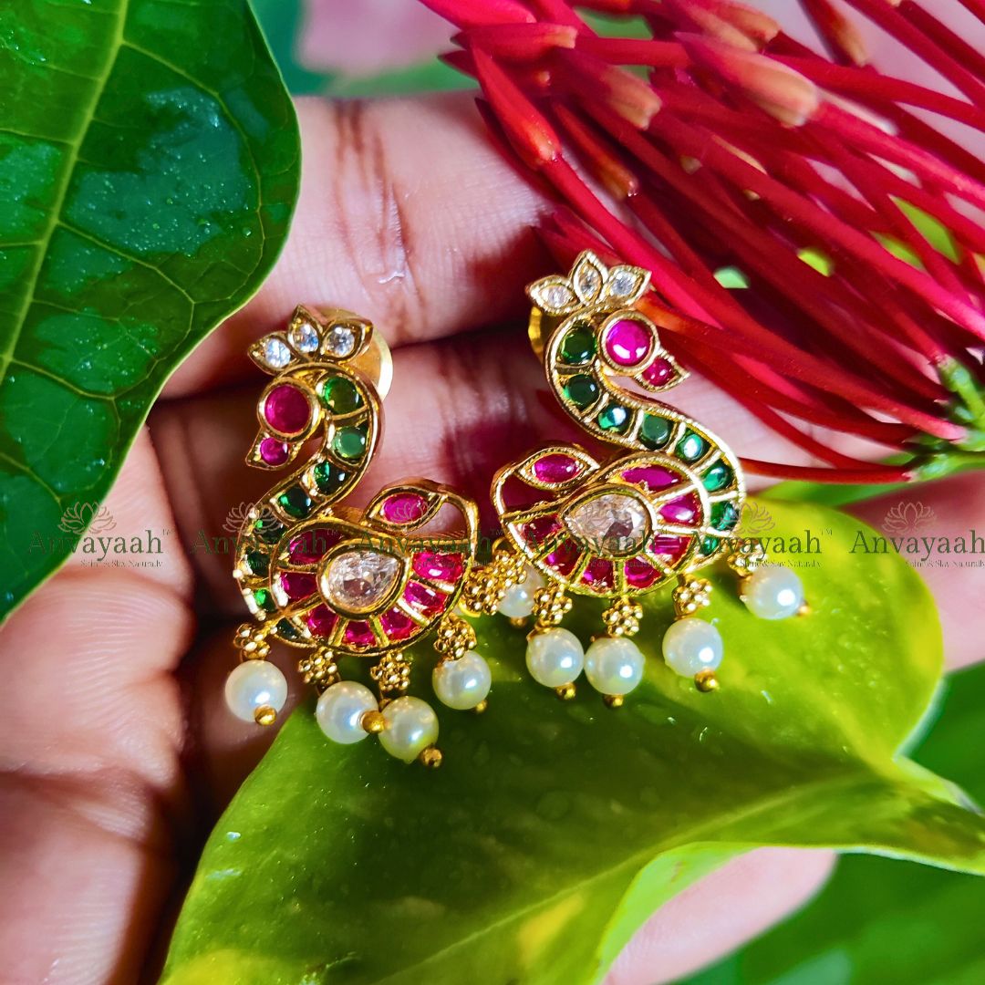 Multicolor peacock kemp stud with pearl drops - AS005