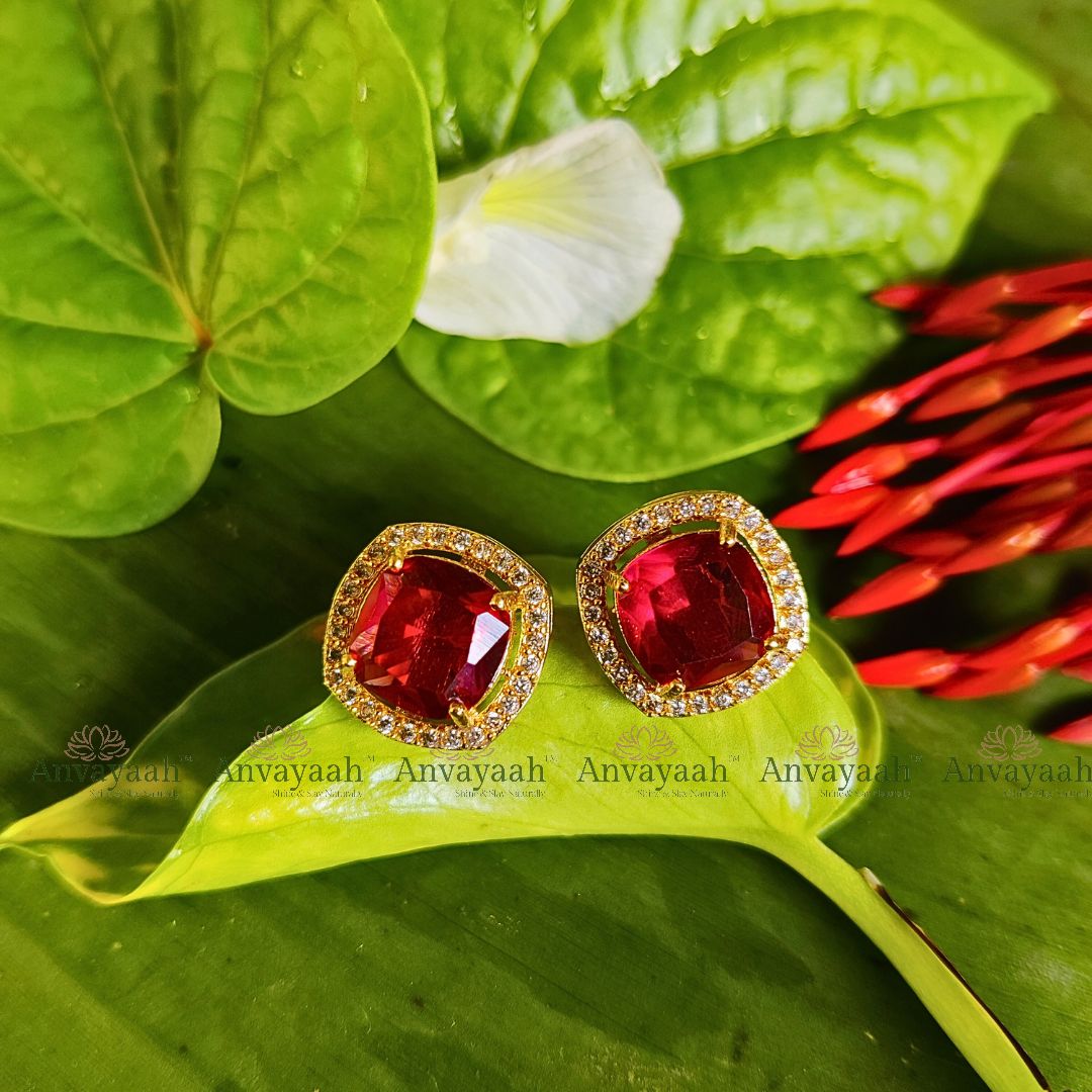 Red crystal stone stud earrings - AS007