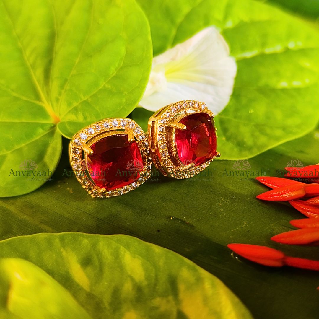 Red crystal stone stud earrings - AS007