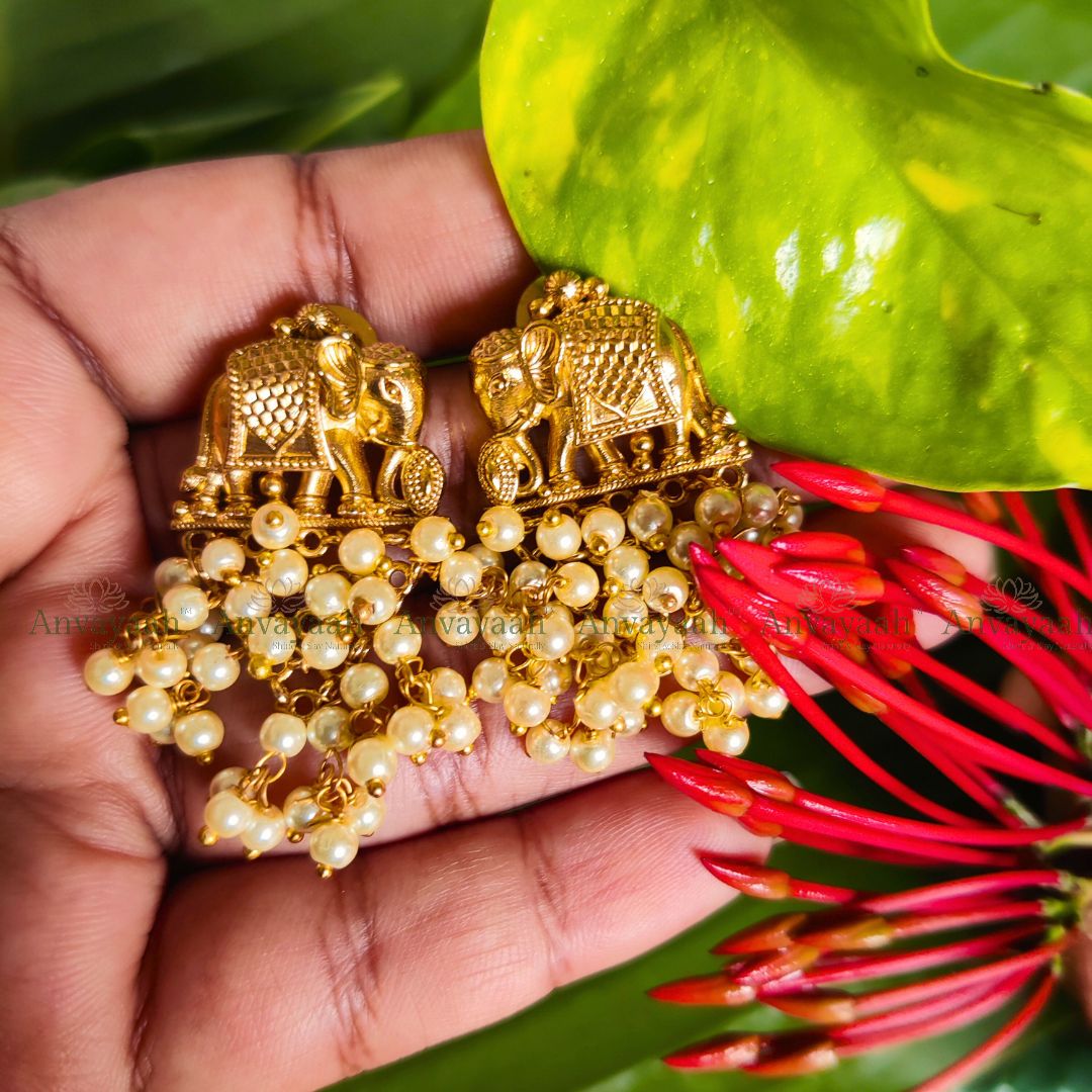 Elephant Pearl cluster earrings with Beads - AS001